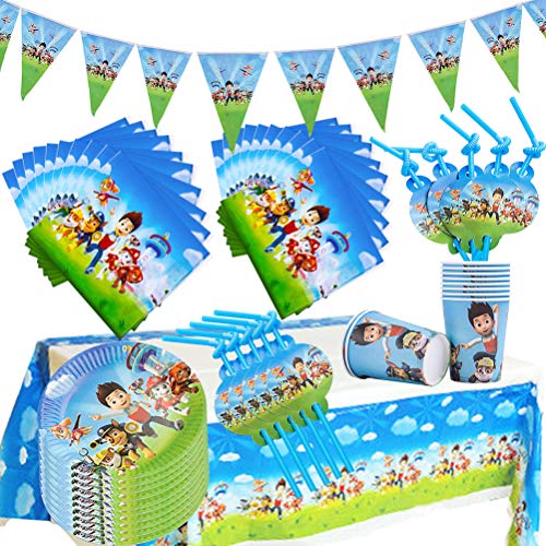 WENTS Vajilla Diseño de Paw Patrol Desechable Accesorio de Decoración de Fiesta de Cumpleaños Apoyo para Celebración Pancarta Platos Vasos Servilletas y Mantel Resistente, 52pcs