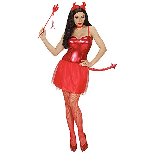 WIDMANN 03403 - adultos traje de diablo mujer, vestido con cola, cuernos y tridente Mini, L, rojo