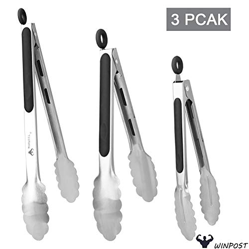WIN-POST Juego de Pinzas para barbacoas de Cocina de Acero Inoxidable 3,18/8 (304) - 7,9,12 Pulgadas, Ensalada de Servicio Pesado y Parrillas para Servir Pinzas de Cocina (Acero Inoxidable, Black)