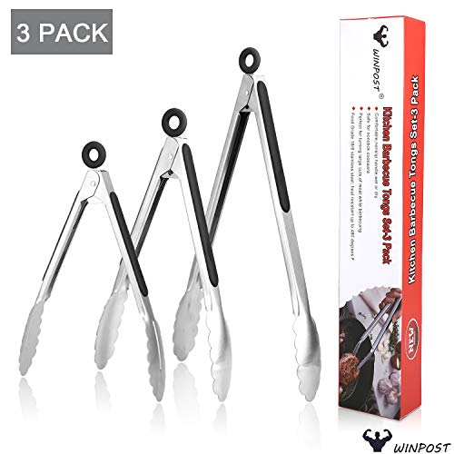 WIN-POST Juego de Pinzas para barbacoas de Cocina de Acero Inoxidable 3,18/8 (304) - 7,9,12 Pulgadas, Ensalada de Servicio Pesado y Parrillas para Servir Pinzas de Cocina (Acero Inoxidable, Black)
