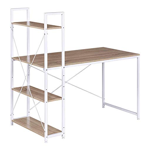 WOLTU Escritorio Industrial Escritorio de Computadora Muebles de Oficina Mesa de PC Mesa de Trabajo de Madera y Acero, con 4 Estante, Aprox.120x64x120cm Roble/Blanco TSB01whe