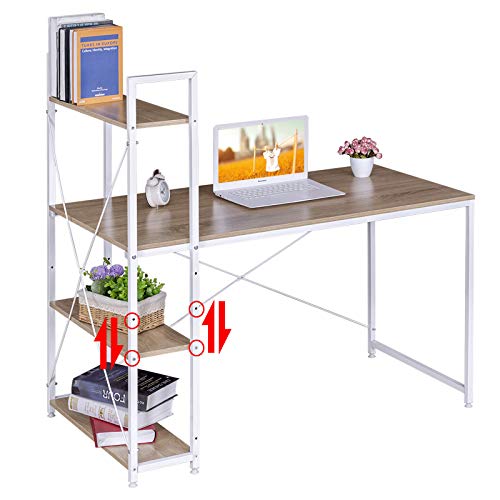 WOLTU Escritorio Industrial Escritorio de Computadora Muebles de Oficina Mesa de PC Mesa de Trabajo de Madera y Acero, con 4 Estante, Aprox.120x64x120cm Roble/Blanco TSB01whe