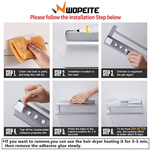 Wopeite Estantes Adhesivos Cocina Portarrollos baño de Papel de Cocina con Estante para paños o Soporte para móviles, Dispensador, Instalación sin Taladro