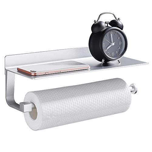 Wopeite Estantes Adhesivos Cocina Portarrollos baño de Papel de Cocina con Estante para paños o Soporte para móviles, Dispensador, Instalación sin Taladro