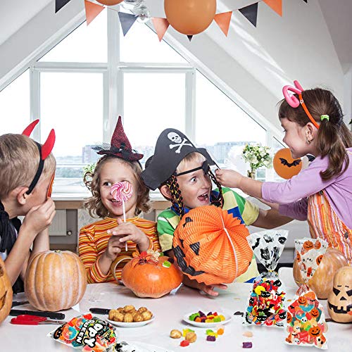 WOVTE - Bolsas de celofán para Halloween, 150 unidades de dulces con 150 lazos para panadería, galletas, bocadillos de chocolate para fiestas de Halloween, manualidades caseras (3 estilos)