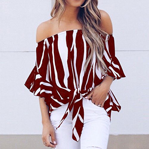 Wtouhe -Camisa de Hombro frío de Las Mujeres Corbata Floral Camisa de Gasa Delantera Tops de Manga de Trompeta Estampado de Moda de Trompeta con Nudos- para Mujer