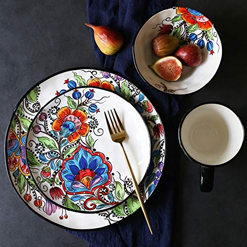 XCXDX 4 Piezas De Vajilla De Cerámica Pintada A Mano, Plato De Ensalada, Porcelana De Flores De Colores, Ahorro De Espacio