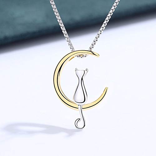 xiaokeai Joyería Delicada Collar de Las Mujeres del Gato del Gato de la Luna del Collar y de la Luna Colgante Collar S925 Plata Collares for 18 '' Regalos para Acción de Gracias/Cumpleaños
