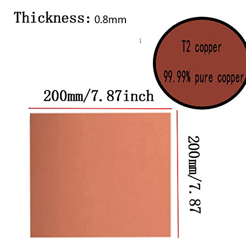 XMRISE CU Puro Hoja de Cobre Placa de Cobre Hoja de Metal T2 lámina de Cobre de refrigeración Materiales Industriales 0.8mm Grueso,200x200x0.8mm