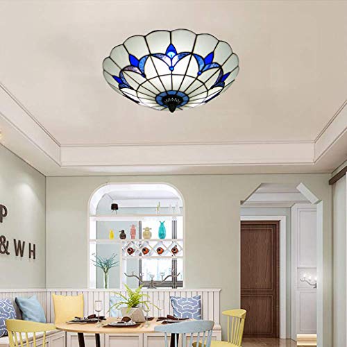 XMYX Lámpara de Techo Estilo Tiffany Plafón con Montura Empotrada Lámpara de Pantalla de Vidrio Mediterráneo Luz de Techo con Montura Semiempotrada use Bombillas E27 Azul y blanco,Ø40cm