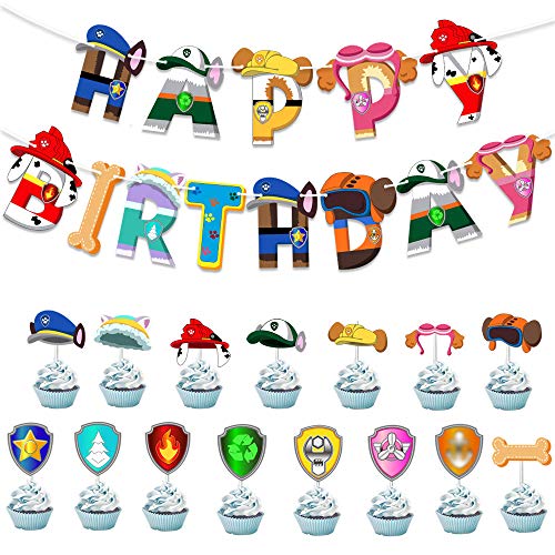 XYDZ Juego de Decoraciones para Fiestas de Patrulla de Perros, Pancarta de Feliz cumpleaños, Globos de látex, Adornos para Tartas, Suministros para Fiestas de cumpleaños de Patrulla de Perros