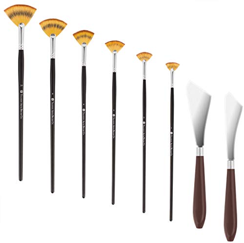 Yangbaga 2 Cuchillos Paleta con 6 Piezas Pinceles espátula Acero Inoxidable Pintura al óleo Cuchillo Metal con Mango Madera y cepillos Pelo Nylon Artistas Principiantes