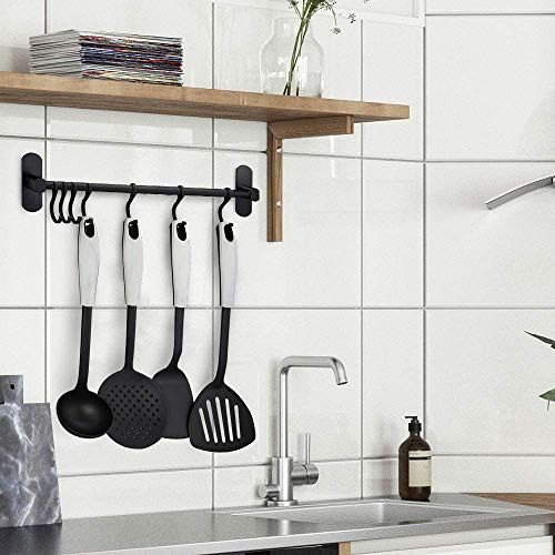 Yareta Colgador Utensilios Cocina con 7 Ganchos, Soporte Utensilios Cocina con Pegamento Patentado, Aluminio, Acabado Mate, 40CM (Negro)