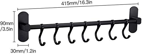 Yareta Colgador Utensilios Cocina con 7 Ganchos, Soporte Utensilios Cocina con Pegamento Patentado, Aluminio, Acabado Mate, 40CM (Negro)