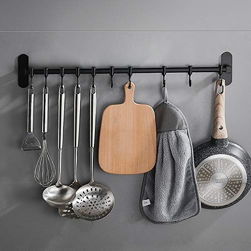 Yareta Colgador Utensilios Cocina con 7 Ganchos, Soporte Utensilios Cocina con Pegamento Patentado, Aluminio, Acabado Mate, 40CM (Negro)