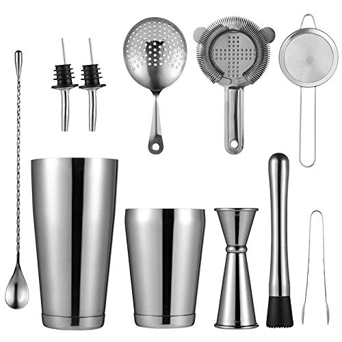 Yinaa Coctelera Set de Acero Inoxidable Resistente a La Corrosión y Fácil de Limpiar Coctelera para Cóctel Coctelera Boston 10 Piezas de Plata