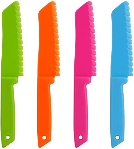 Ylinova - Juego de 4 cuchillos de cocina de plástico para niños, cuchillos de cocina, cuchillos de nailon, cuchillo de lechuga y cuchillo seguro para niños 4 colores