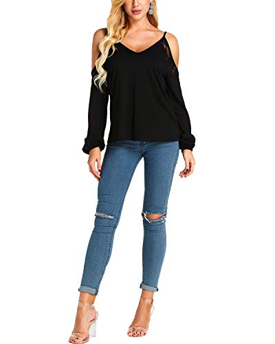YOINS Mujer Camiseta de Manga Larga Camisas de Hombro Frío Camisetas para Mujer Elegante Blusa Casual Fiesta Tops Negro-02 XXL