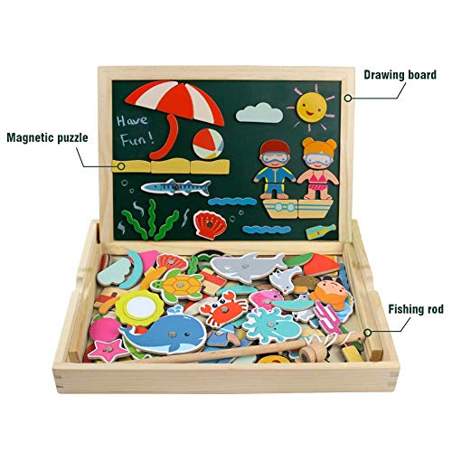 yoptote 120 Piezas Puzzles de Madera Magnético,Pizarra Magnética Rompecabezas Madera Tablero de Dibujo de Doble Cara Juguete Educativo Pesca para Niños 3 4 5 Años