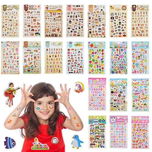YOTINO 20 Hojas Pegatinas para Niños 3D 1500 Patrones Ricos Incluidos los Animales, Peces, Letras, Plantas más para DIY Decoration Scrapbooking