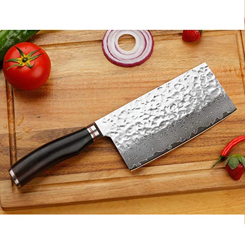 YOUSUNLONG Damasco - Cuchillo de cocina chino casero de 7 pulgadas - Japón VG10 - Acero inoxidable con alto contenido de carbono - Hoja de afeitar - Mango de hueso - SL-DK10910B
