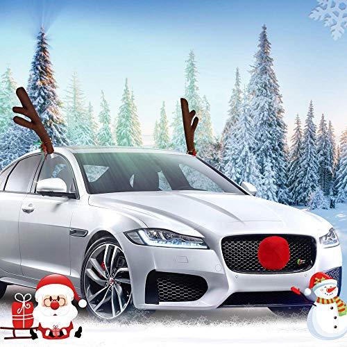 YQHbe Cuernos de Reno para Coche Reno de Navidad para Coche Kit de Decoración de Cuernos de Reno Rudolf y Nariz Roja con Campanillas y Cola Decoración de Ventana de Coche para Navidad