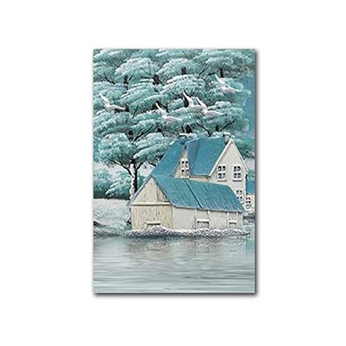 YuanMinglu Decoración Moderna para el hogar Pintura en Lienzo Verde Bosque y Paisaje del Lago póster e impresión decoración de la Sala Arte de la Pared Imagen sin Marco 50x70 cm