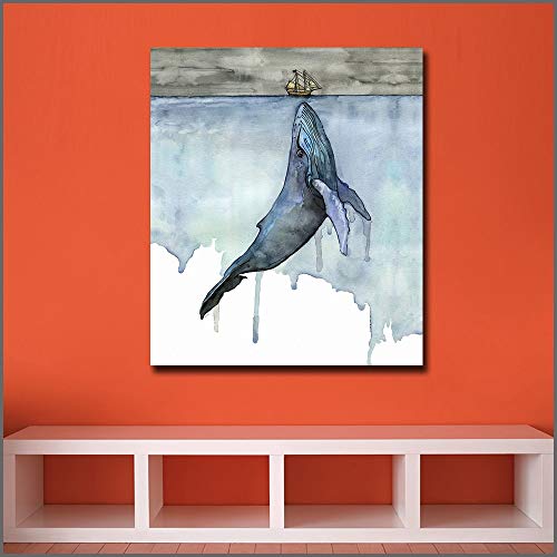 YuanMinglu Impresión de Gran tamaño Ballena y Barco Pintura al óleo Arte de la Pared Lienzo Sala de Estar y Dormitorio impresión Imagen sin Marco Pintura 60x80cm