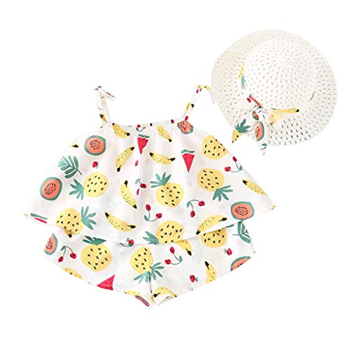 YWLINK Verano Conjuntos NiñA Sin Mangas con Estampado De Frutas Camisola Manga Corta Camiseta+Pantalones Cortos+Sombrero De Paja Conjunto De 3 Piezas Fiesta De CumpleañOs(Amarillo,18-24 meses/100)