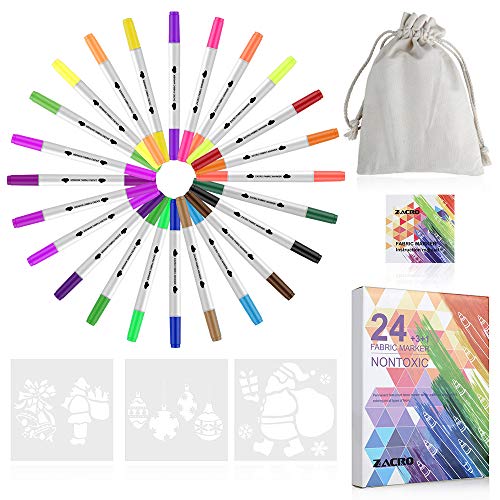 Zacro Rotulador Tela Permanente 24 Colores Marcadores Permanente de Doble Punta para colorear ropa,vaquera, camisetas,100% No Tóxicos