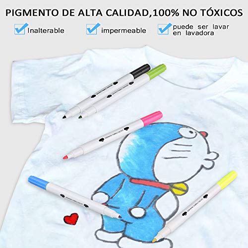 Zacro Rotulador Tela Permanente 24 Colores Marcadores Permanente de Doble Punta para colorear ropa,vaquera, camisetas,100% No Tóxicos