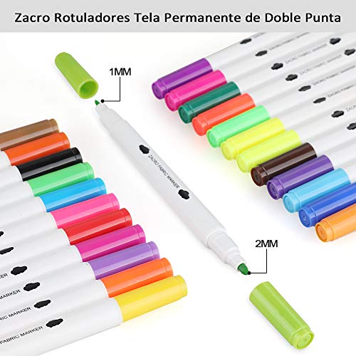 Zacro Rotulador Tela Permanente 24 Colores Marcadores Permanente de Doble Punta para colorear ropa,vaquera, camisetas,100% No Tóxicos