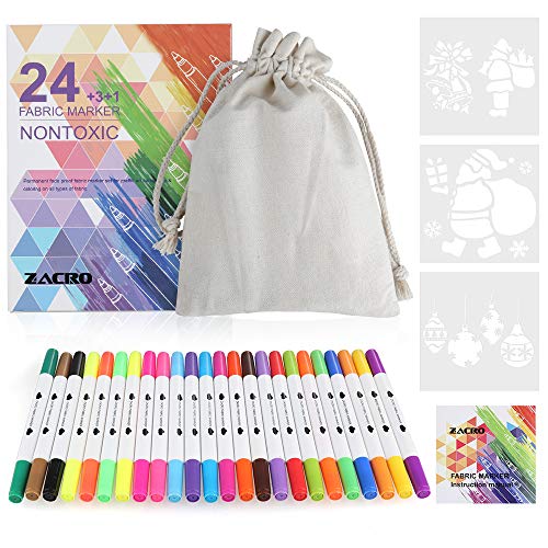 Zacro Rotulador Tela Permanente 24 Colores Marcadores Permanente de Doble Punta para colorear ropa,vaquera, camisetas,100% No Tóxicos