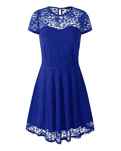 ZANZEA Mujer Vestido Encaje Elegante Cóctel Fiesta Manga Corta Vestido con Cuello Redondo 01-Azul 3XL