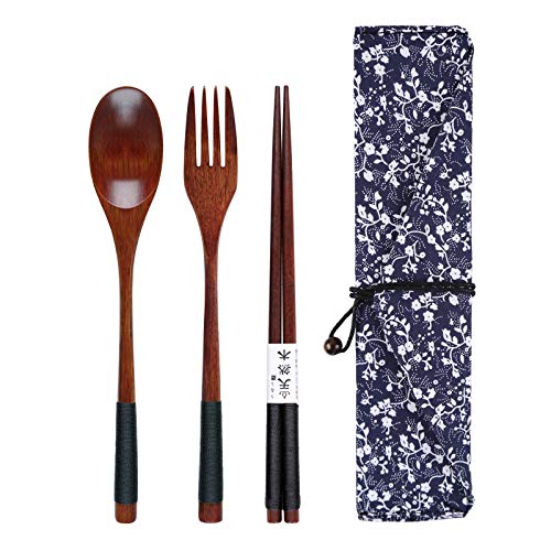 ZEARE - Cubiertos de Madera para Viajes con Bolsa, Tenedor, Cuchara, Palillos para Exteriores, Camping, Viajes, Picnic, Cocina, hogar, Restaurante