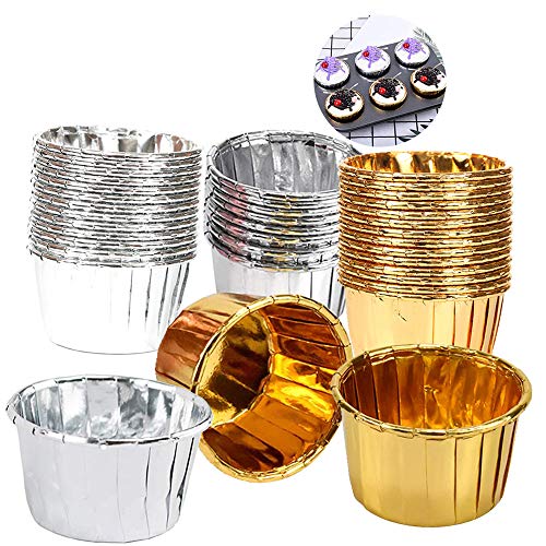 Ziyero 100 Piezas Envases de Aluminio para Hornear Liners Cupcake Cases Tazas de Revestimiento de Magdalenas de Grado Alimenticio para Bodas, Cumpleaños, Fiestas, Campamentos, Pasteles de DIY, Etc