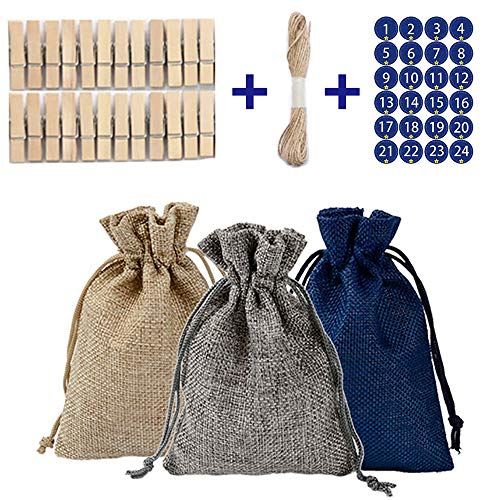 ZoneYan Calendario adviento saquitos, Set de 24 Bolsas de Yute para Rellenar con Calendario de Adviento Casero, 24 Calendario de Adviento -Saquitos de Tela.