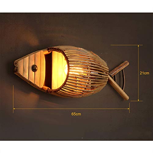 ZQH Creativo Bambú Pez Lamparas De Pared, Americano Pueblo Luz de Pared E27 De Madera Candelabro de Pared Hotel,Restaurante,Posada,salón de té,pescadería,Dormitorio Decoración Iluminación,65 * 21cm