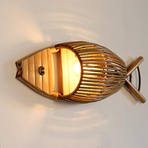 ZQH Creativo Bambú Pez Lamparas De Pared, Americano Pueblo Luz de Pared E27 De Madera Candelabro de Pared Hotel,Restaurante,Posada,salón de té,pescadería,Dormitorio Decoración Iluminación,65 * 21cm