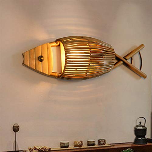 ZQH Creativo Bambú Pez Lamparas De Pared, Americano Pueblo Luz de Pared E27 De Madera Candelabro de Pared Hotel,Restaurante,Posada,salón de té,pescadería,Dormitorio Decoración Iluminación,65 * 21cm