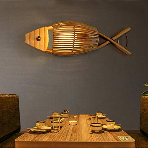 ZQH Creativo Bambú Pez Lamparas De Pared, Americano Pueblo Luz de Pared E27 De Madera Candelabro de Pared Hotel,Restaurante,Posada,salón de té,pescadería,Dormitorio Decoración Iluminación,65 * 21cm