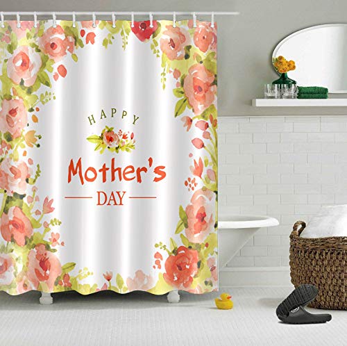 ZSQQSCL Cortina De Ducha,Personalidad Amarillo Amor Madre Patrón Floral 100% Poliéster Impermeable Resistente Al Moho Matéria Cortinas De Baño con Ganchos De 12Pcs para El Hogar Y La Protección De Pr