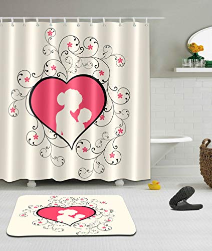 ZSQQSCL Cortina De Ducha,Personalidad Durazno Rosa Corazón Amor Madre Patrón Matéria 100% Poliéster Impermeable Resistente Al Moho Cortinas De Baño con Ganchos De 12Pcs para El Hogar Y La Protección