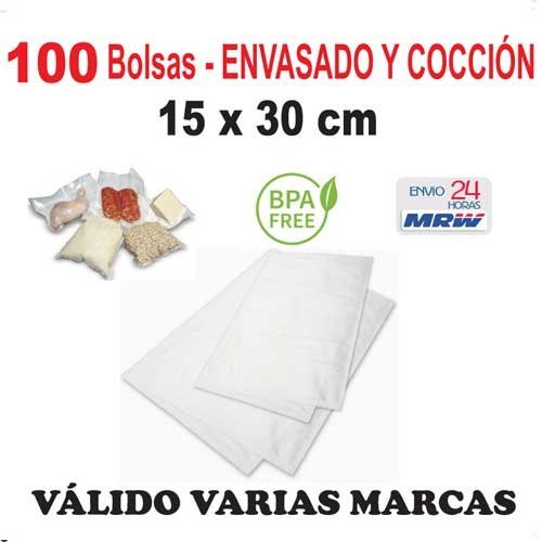 100 Bolsas para cocción y envasado vacío de 15x30 cm. Para: Aicok, Cecotec,Jata, Proficook, Elma, Lacor, Roguci, Laica, Klarstein, Krups, Easyvac, Ellrona, Eltac, Foodsaver,Garhe, Bomann, Clatronic..
