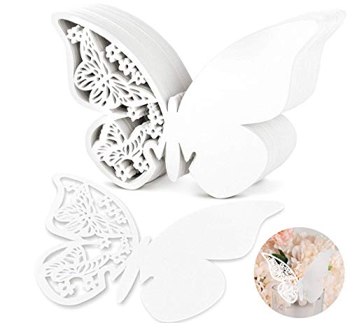 100 Piezas Shimmer cortado con láser Color Blanco Mariposa nombre lugar tarjeta para boda champán/copas de vino, fiesta favor decoración para números de mesa