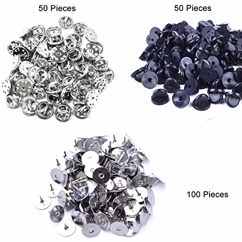 100pcs Broche Pin en Blanco de Metal & 50pcs Embrague de Mariposa & 50pcs Broche Back de Goma,Tuercas de Cabeza Plana Broche Base Pines en Blanco Broche Reemplazo