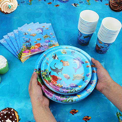 102 piezas de Accesorios para Fiesta Temática Bajo el Mar Articulos de Decoración de Celebración de Playa Set de Pancarta, Platos, Vasos, Servilletas y Mantel, 25 Personas