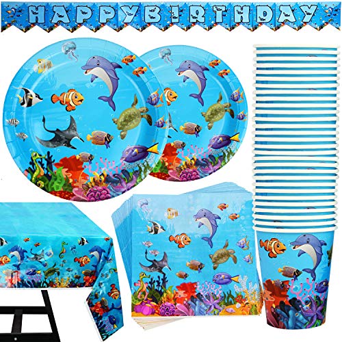 102 piezas de Accesorios para Fiesta Temática Bajo el Mar Articulos de Decoración de Celebración de Playa Set de Pancarta, Platos, Vasos, Servilletas y Mantel, 25 Personas