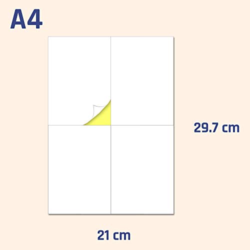 148.5 x 105 mm (A6), 25 hojas, A4 Etiqueta Adhesiva Blanca Pegatina - 4 etiquetas por hoja