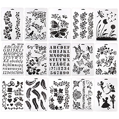 15 Juegos de Letras de Plantilla / Flor / Mariposa, Plantilla de artista Reutilizable para Herramientas Escritas de bricolaje A4